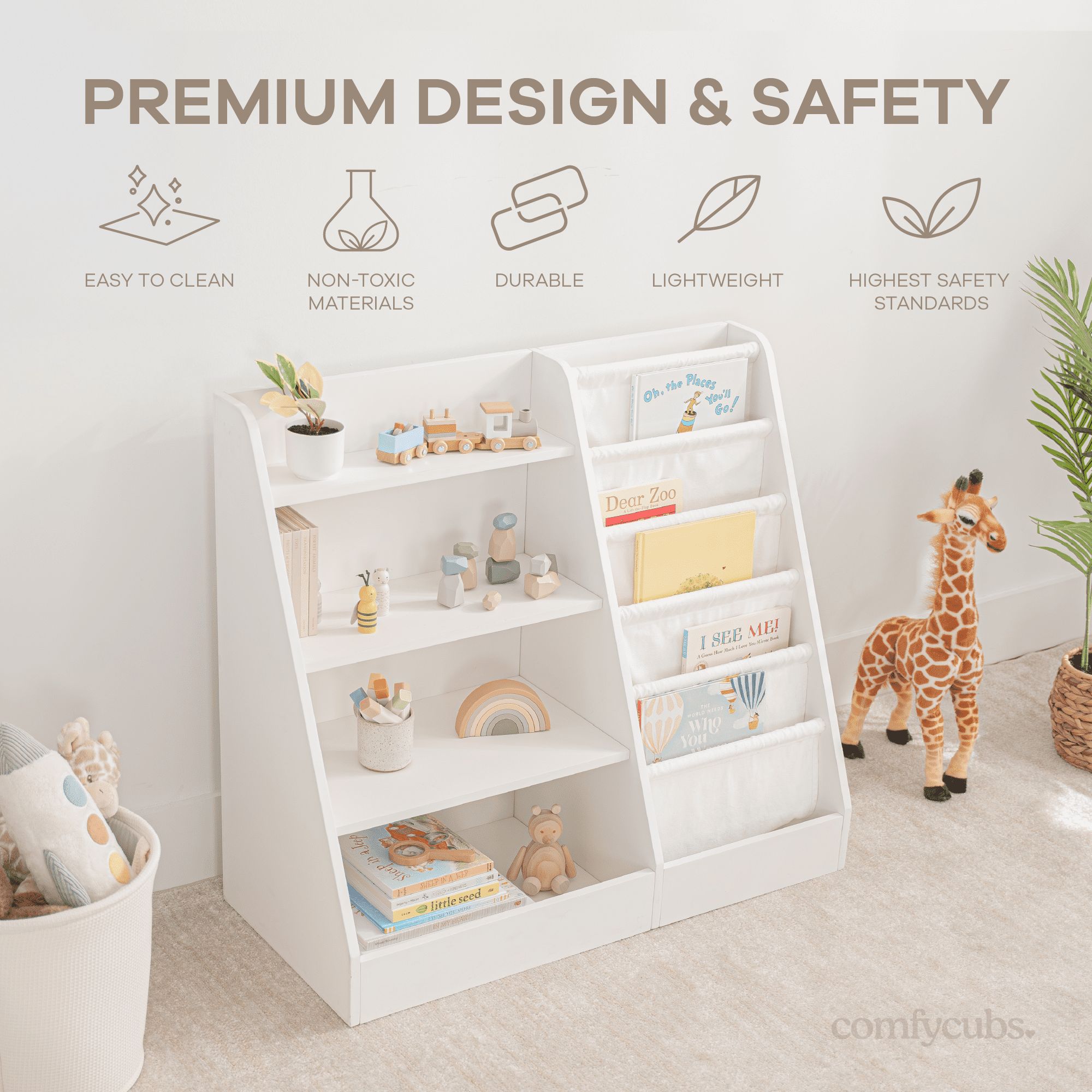 Comfy Cubs Kids Bookshelf 35.2 x 15.7 x 31.5 in - Montessori Book Shelf Storage Organizer - White