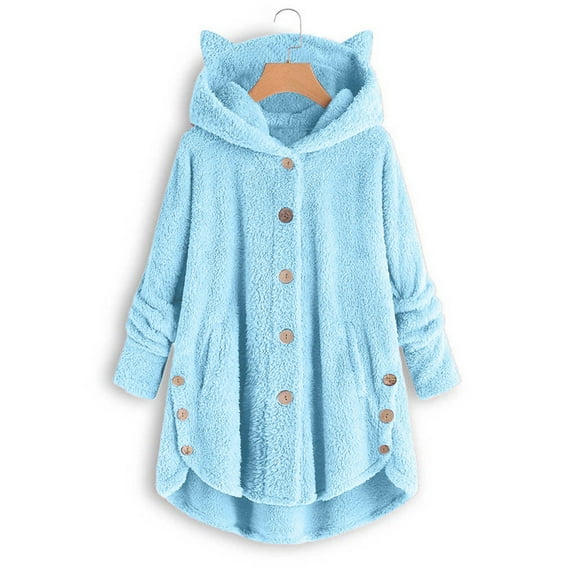 SDJMa Women's Lightweight Vee Cardigan Sweater Women's Keep Warm Button Down Cardigan Hoodies Cat Ears Irregular Plush Solid Hooded Coat Tops