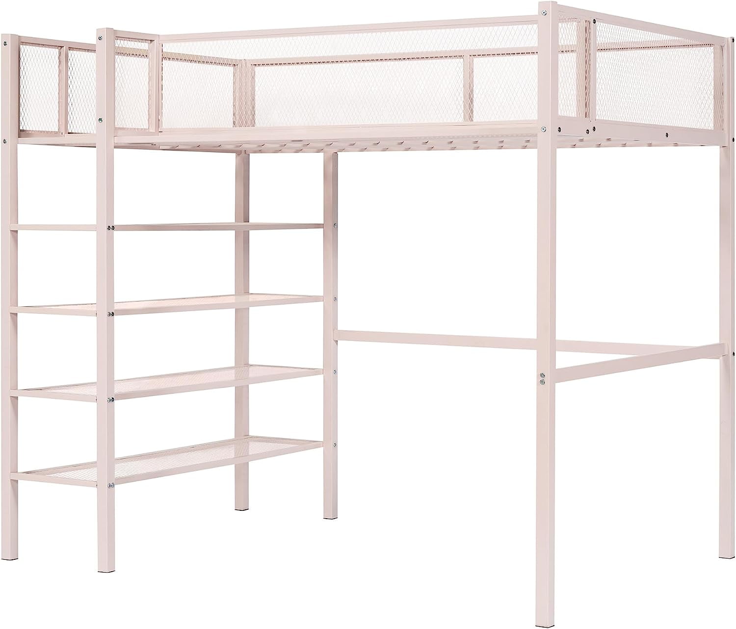DEALTOPS Twin Size Metal Loft Bed with 4-Tier Shelves and Storage - Pink