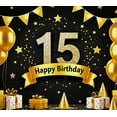 thumbnail image 4 of Glamorous Glittery 15th Birthday Banner with Golden Balloons Stars and Gifts Backdrop Background Party Decorations for Birthday Party Photography Props Celebrations Event Decor, 4 of 8