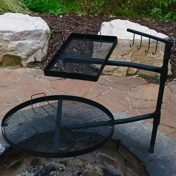 Sunnydaze Système de grille de cuisson en acier à double feu de camp –  Ensemble d'accessoires de barbecue pour foyer extérieur réglable avec  support – Piquet de sol avec 2 grilles pivotantes 
