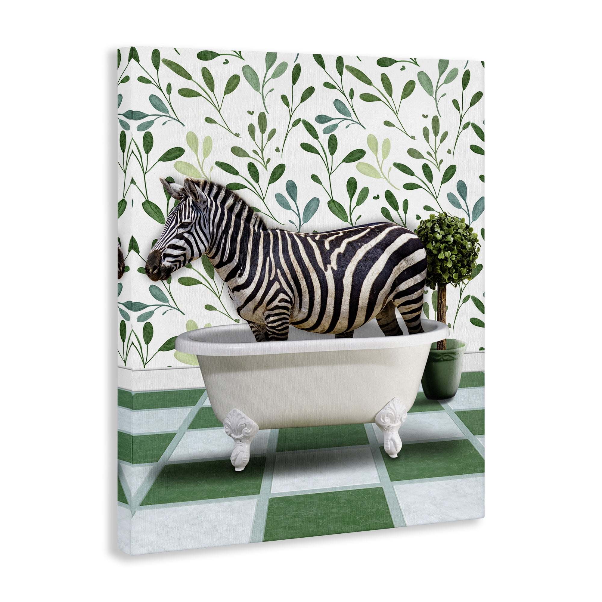 Stupell Industries Zebra in Green Bathroom Bath & Laundry Painting Wrapped Canvas Art Print Wall Art, 24 x 30