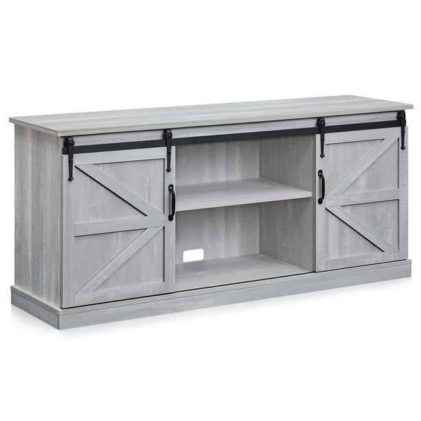 Belleze Modern Farmhouse Style 58 Tv Stand With Sliding Barn Door Console Table Storage For Up To 65 Com Sliding Barn Door Console Table Storage, Sliding Door Farmhouse Console Table