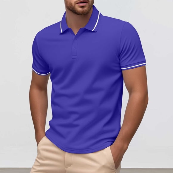 Adult Men Polo Shirts Short Sleeve Button Tee Shirt Basic Blue Mens Fashion Tops