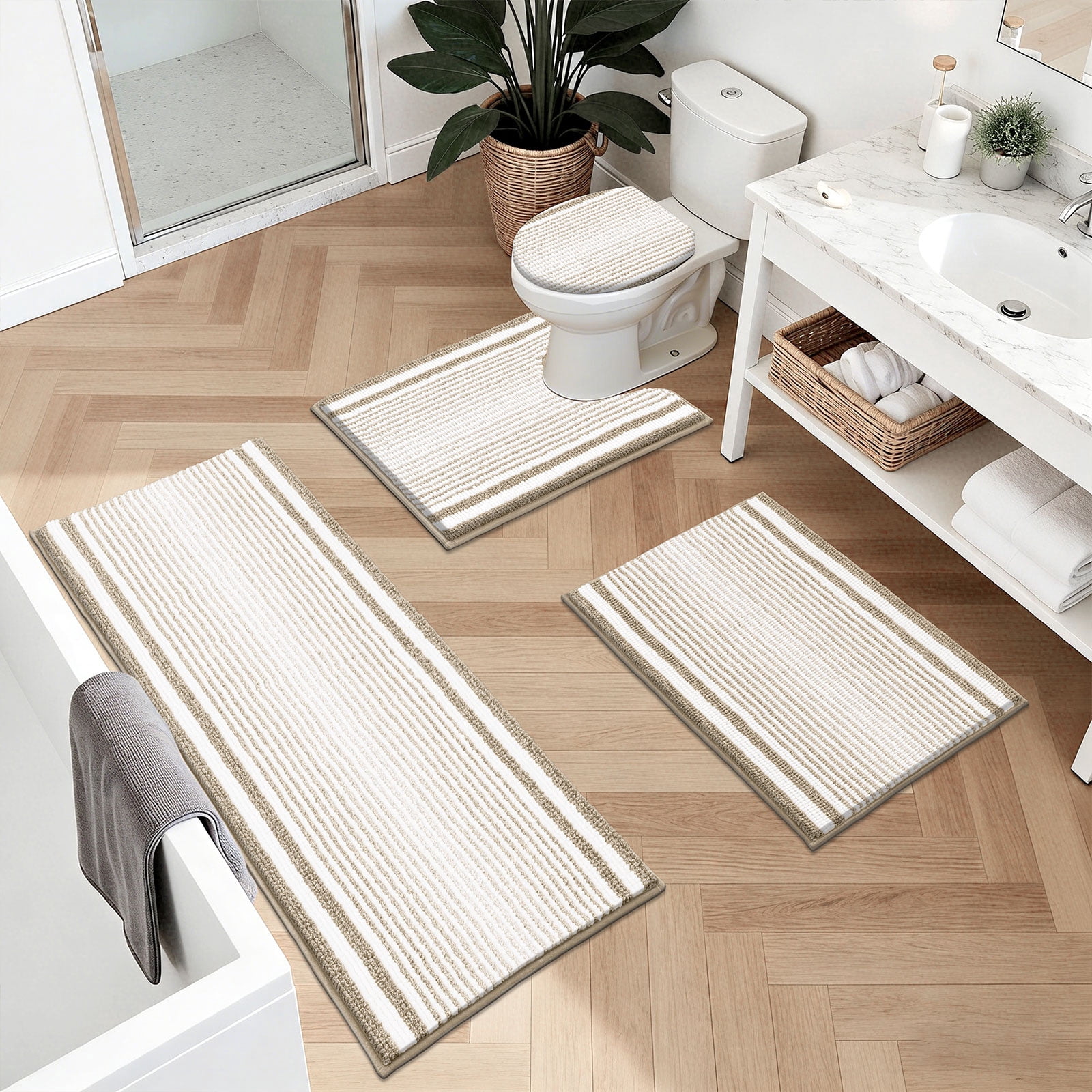 Ileading Chenille Bathroom Rugs Sets 4 Piece, Super Absorbent Non Slip Washable Bath Mat and U-Shaped Contour Toilet Rug Set for Tub Shower Floor Carpet