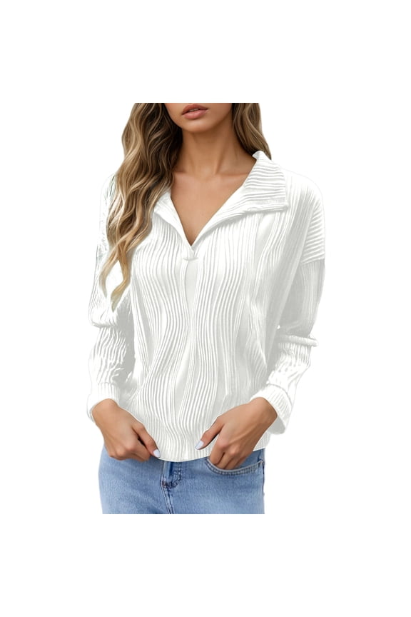 Womens V Neck Casual T Shirts Trendy Ribbing Plain Long Sleeve Tshirts Fall Fashion Ladies Loose Fit Comfortable Going out Tops White XL