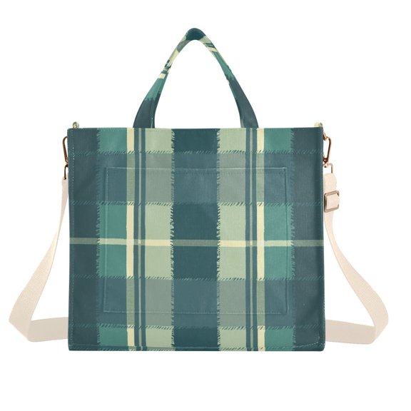 Green Lattice Corduroy Tote Bag Handbag Large Messenger Bag Shoulder Crossbody Zipper Bag Purse