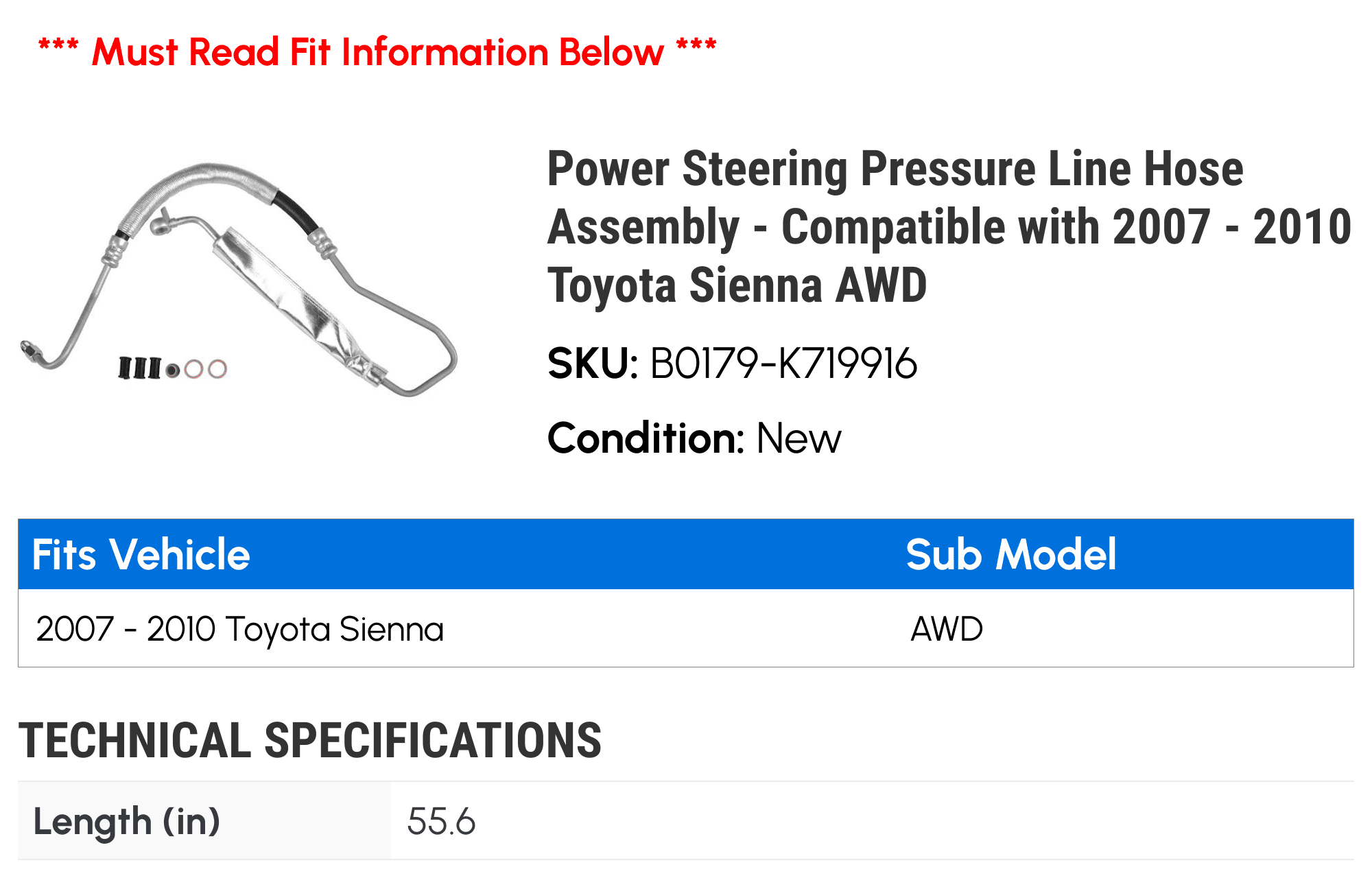 Power Steering Pressure Line Hose Assembly - Compatible with 2007 - 2010 Toyota Sienna AWD 2008 2009