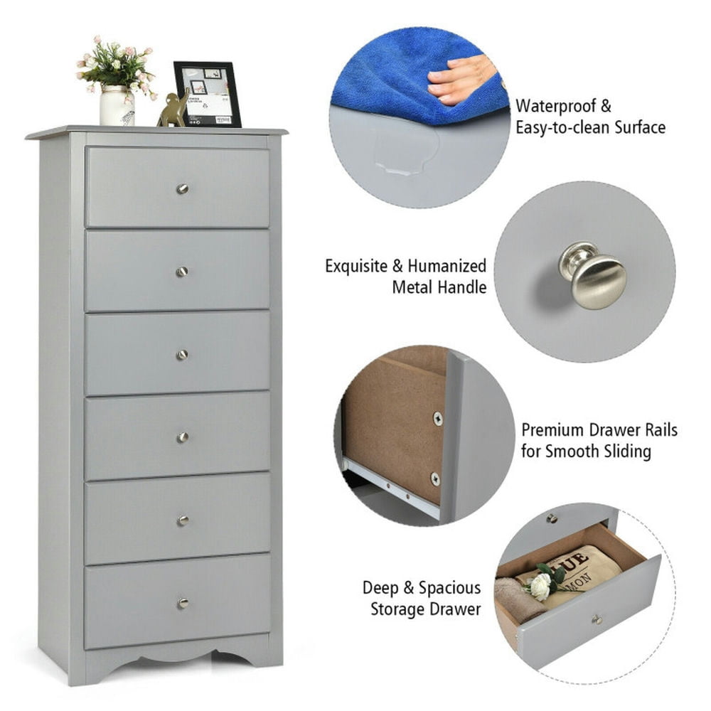 Finihen Storage Cabinet, Bathroom Floor Cabinet, 6 Drawers Chest Dresser Clothes Storage Bedroom Furniture Cabinet, for Bathroom, Living Room, Bedroom, Gray