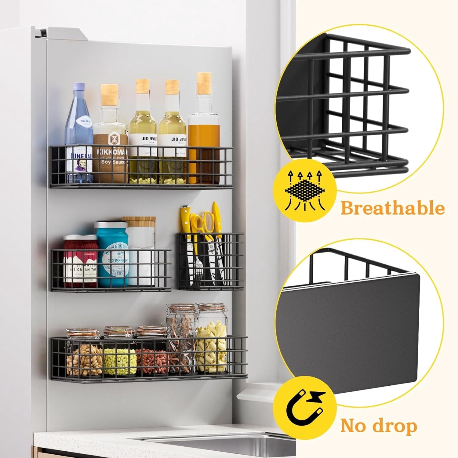 Magnetic Fridge Shelf 4-Pack Metal Strong Magnet Rack Space Saving Spice Organizer Utensil Holder Fruit Potato Onion Storage Bins Black Refrigerator Organizers and Storage