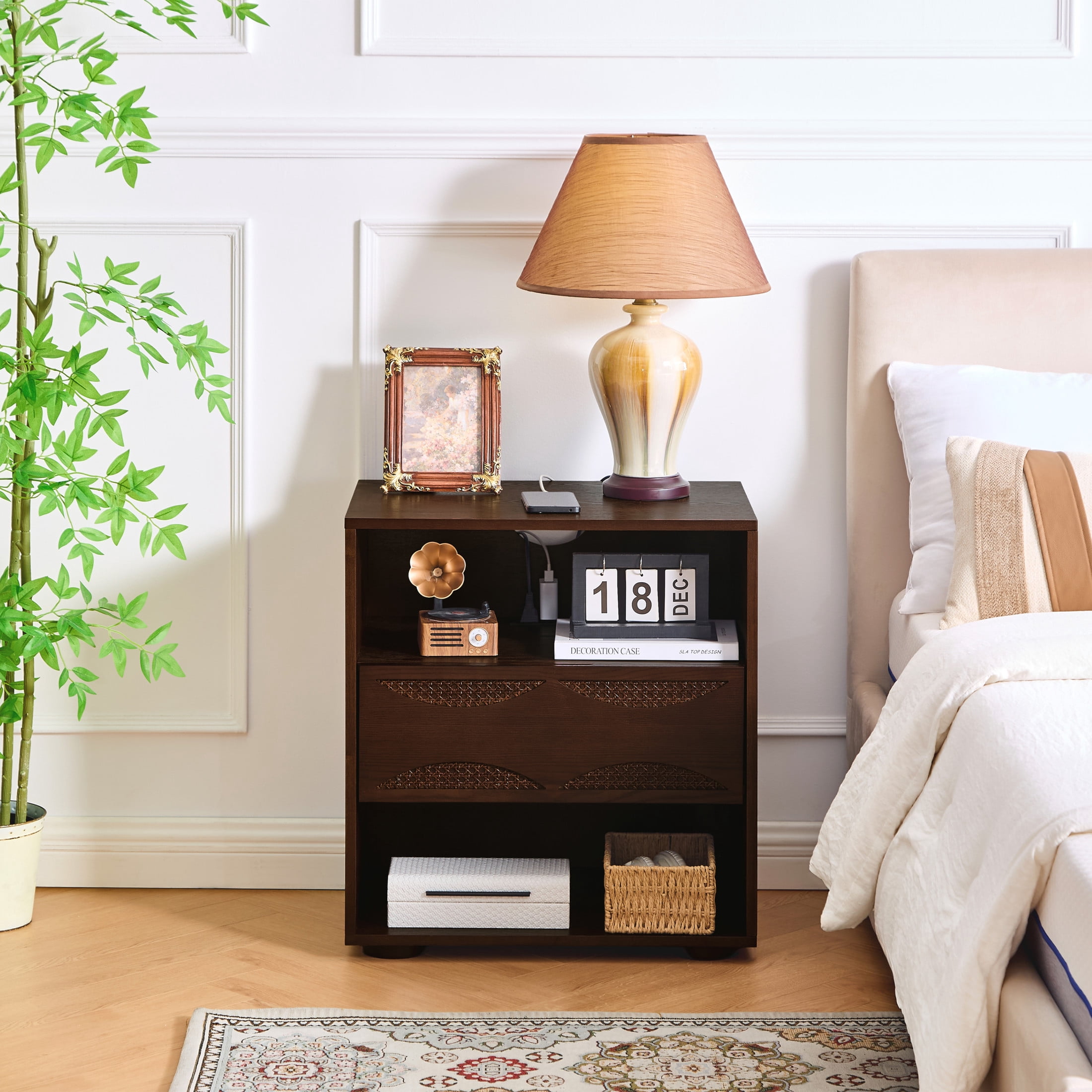 GDF Studio 23.2" Mid Century Modern Rattan Nightstand with Charging Station, Drawer & 2 Open Shelves, Walnut