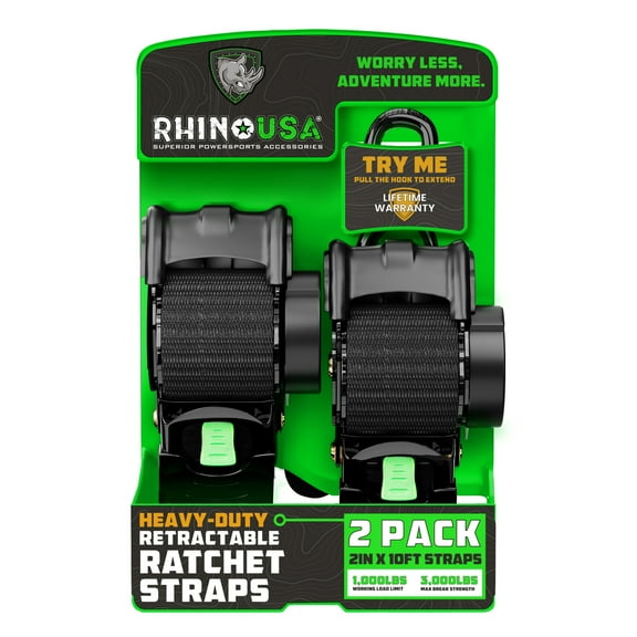 Rhino USA 2in x 10ft Retractable Ratchet Straps, 2 Pack, 1,000lbs Working Load Limit, 7.3lb Product Weight
