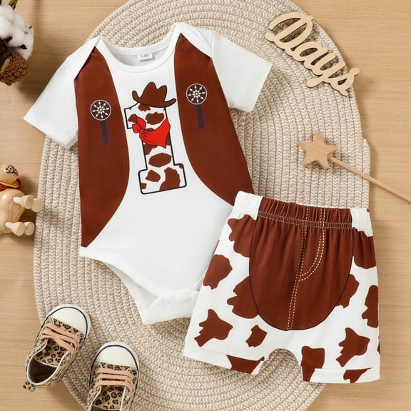 Boys Outfits Cartoon Print Crew Neck Short Sleeve Jumpsuit And Shorts 2 Piece for Everyday Wear Baby Boys' Clothing Sets White 3-6 Months
