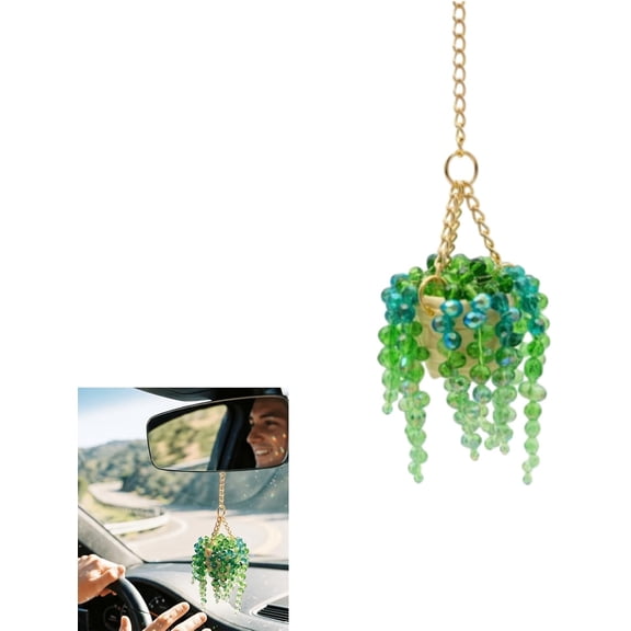 Beaded Succulent Car Charm, Crystal Sun Catcher Boho Rearview Mirror Hanging Accessories, Plant Hanger Ornament Gift for Women SUV Truck Window Decor