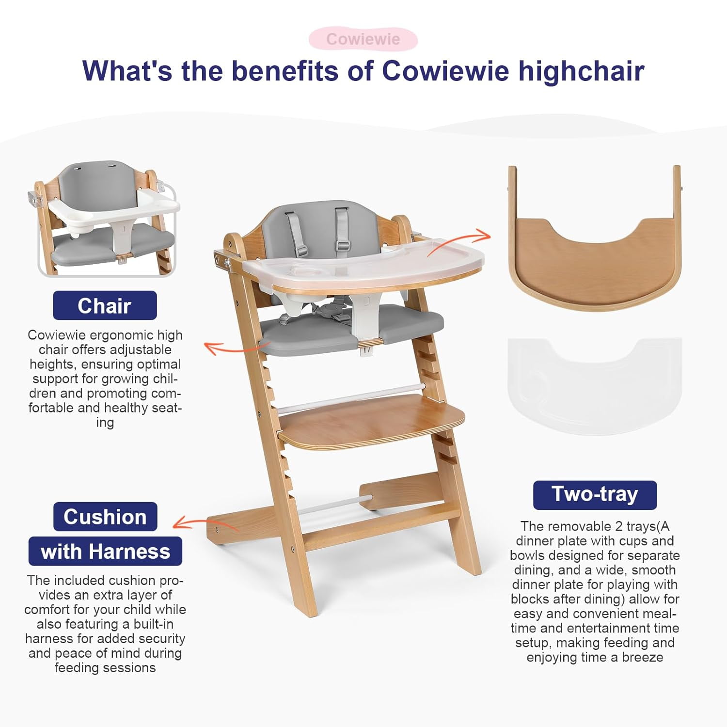 Cowiewie Wooden High Chair with 3 Tray, Toddler Feeding High Chair, 8 Height Adjustments, with Gray Cushion and Harness