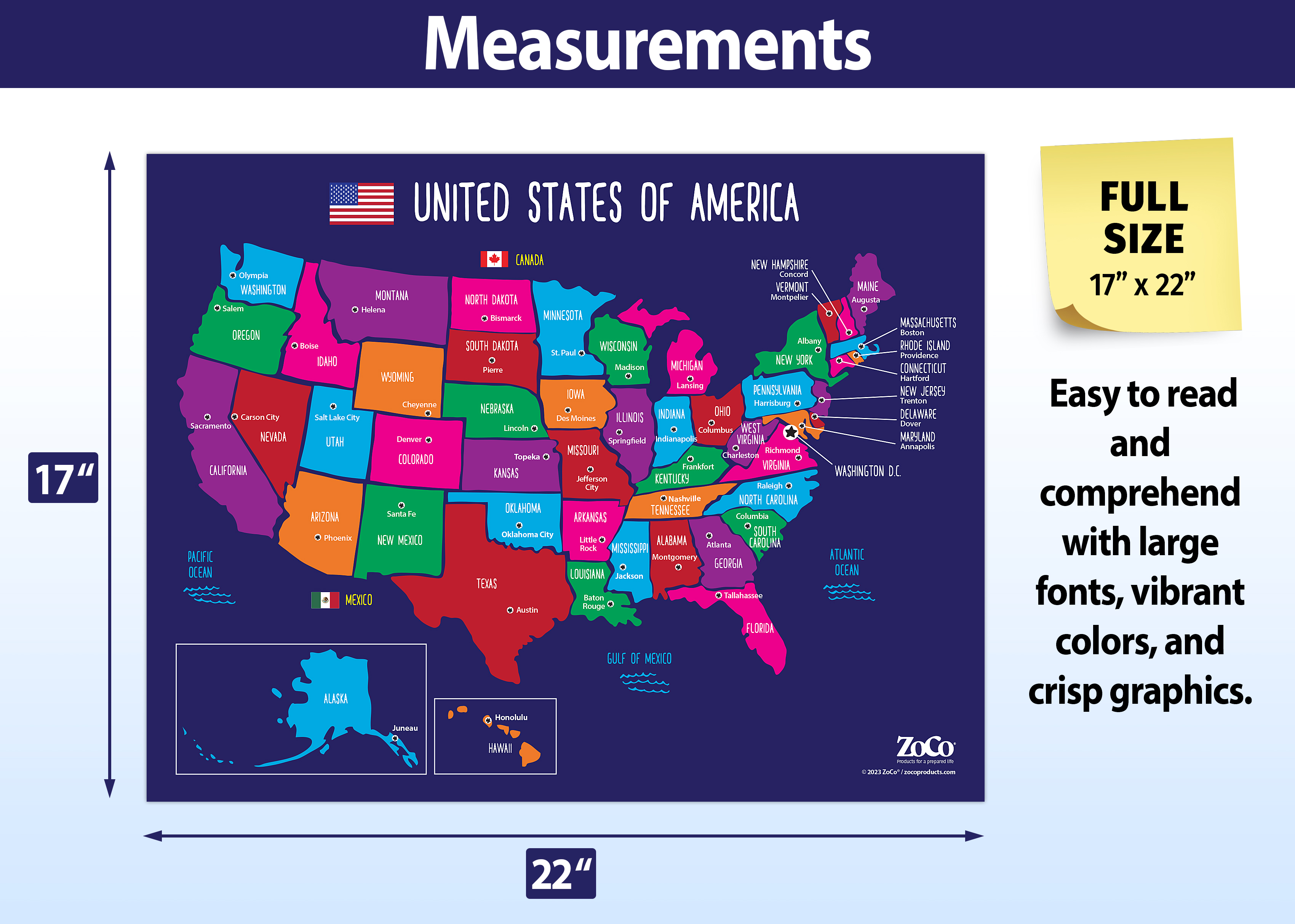 ZoCo: Laminated USA Map with State Capitals, 17" x 22" - Poster