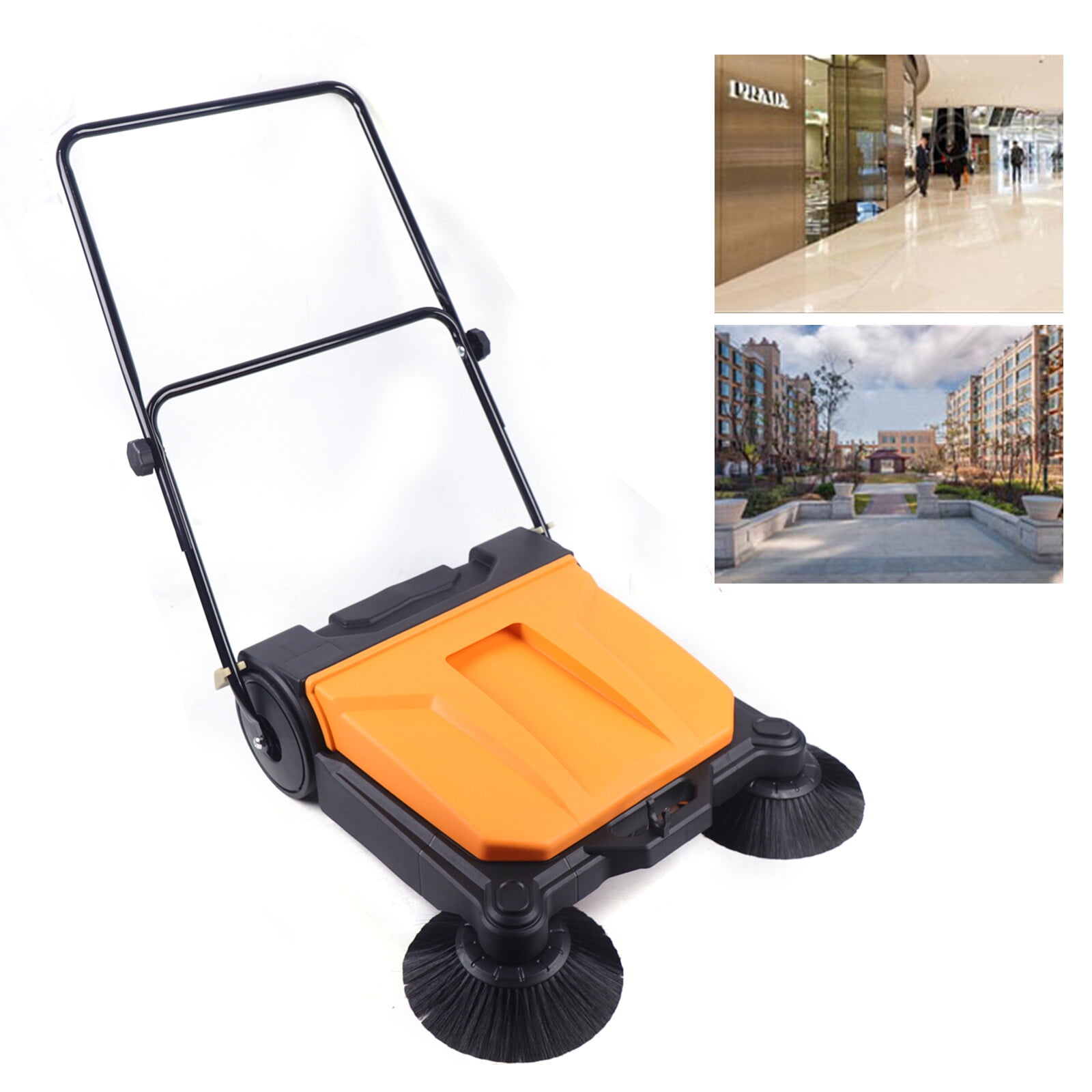 26" Black+Orange Manual Hand Push Sweeper Moder Hand Push Floor Sweeper for Garages Courtyards Offices