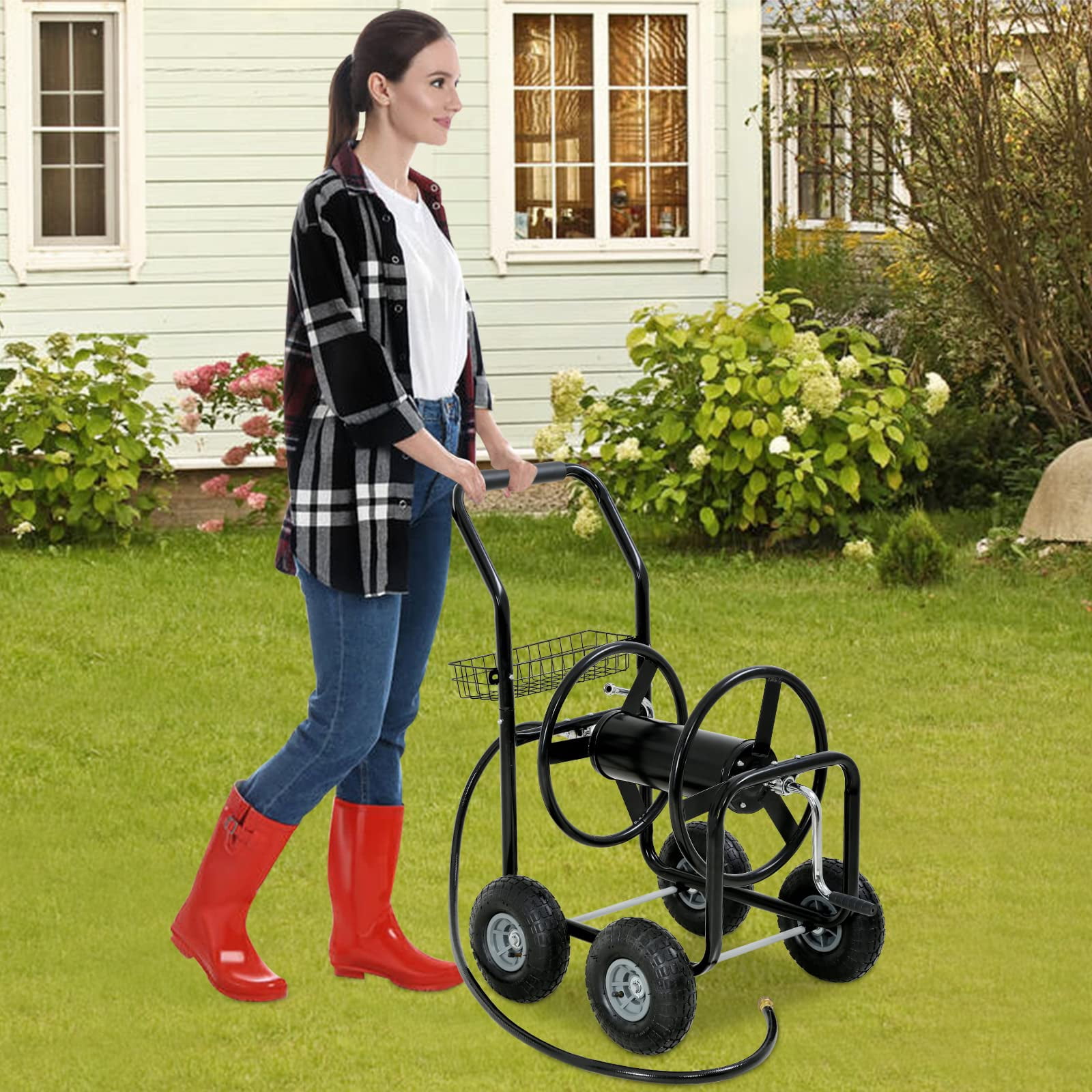 Garden Hose Reel Cart,  Hose Reel Cart with  4 Wheels, Heavy Duty Outdoor Water Planting Truck with Storage Basket (Black)