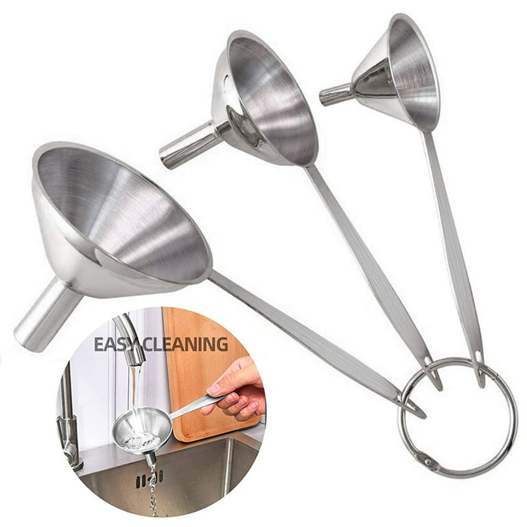 Small Funnels for Filling Bottles, Long Handle Stainless Steel Kitchen  Funnel 3Pcs/Set, Food Grade Mini Metal Funnel for Transferring Liquid Oil,  Easy Cleaning with a Brush (Silver,1Set) 