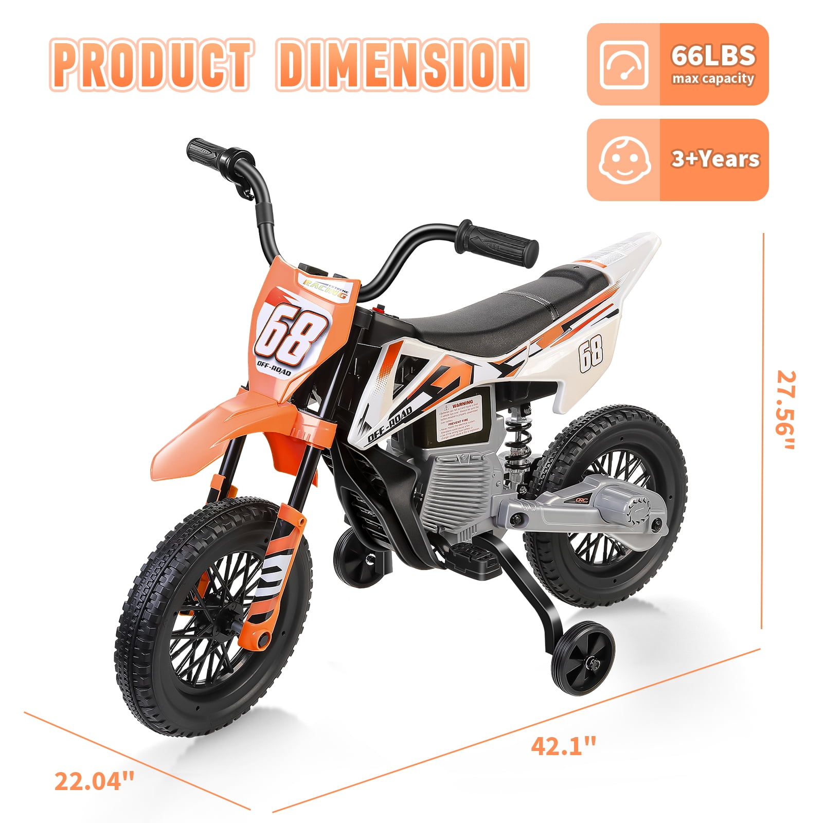 Farmdex 12V Ride on Dirt Bike for Kids, Ride on Motorcycle with 2 Training Wheels, Electric Motorcycle with Twist Grip Throttle, Built-in Music, 30W*2 Motors, Orange