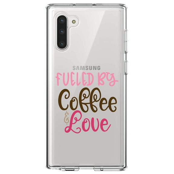 DistinctInk Clear Shockproof Hybrid Case for Samsung Galaxy Note 10 (6.3" Screen) - TPU Bumper Acrylic Back Tempered Glass Screen Protector - Fueled By Coffee & Love