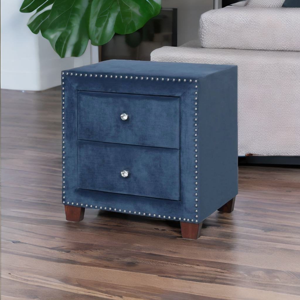 Nathaniel Home Storage Nightstand with 2 Drawers, Faux Velvet Upholstered Nightstand, Modern Bedside Table with Nail Head Trim, Brown