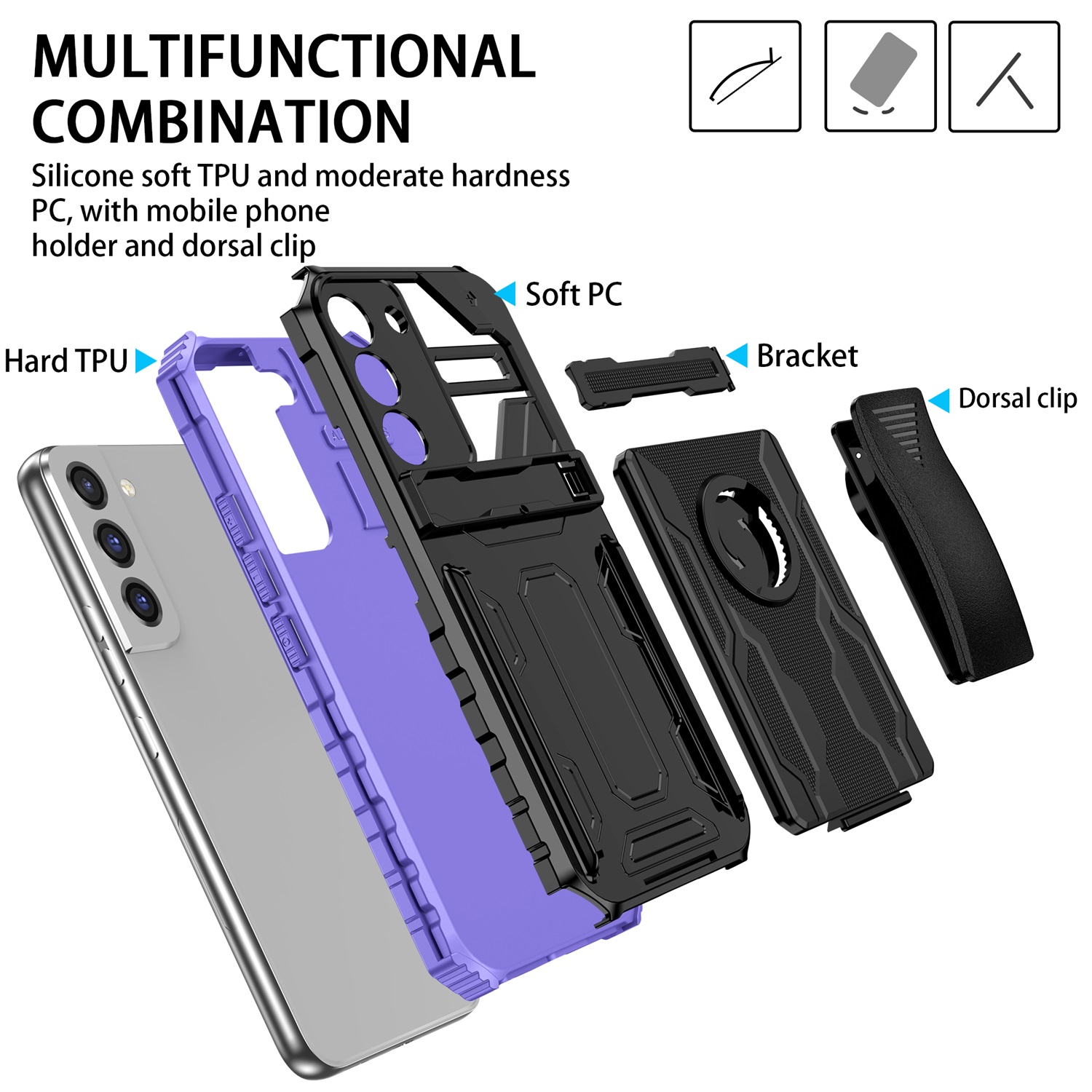 for Samsung Galaxy S21 FE Case - Heavy Duty Phone Holster with Belt Clip | with Kickstand | Shockproof, Dual Layer Protective | Drop Protection Hybrid Case for Samsung Galaxy S21 FE, Purple - image 5 of 12