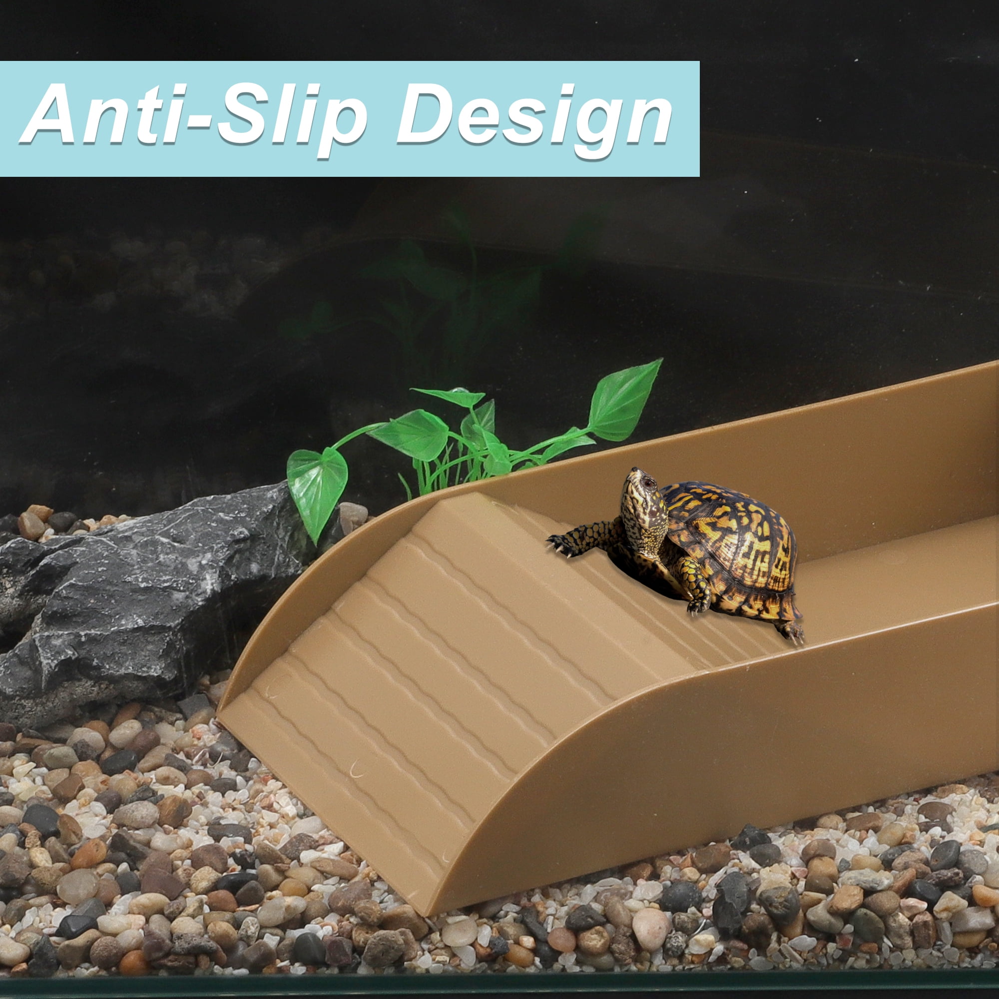 Unique Bargains Tortoise Food Dish with Ramp Plastic Reptile Water Bowl Reptile Climbing Ramp for Turtles Lizards Brown Large