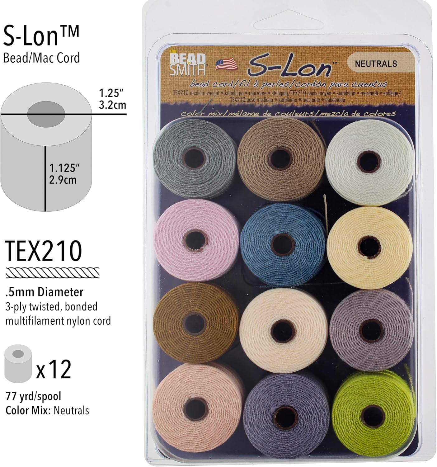 The Beadsmith S-Lon Bead Cord – .5 mm Nylon Cord, 12-Pack, Neutrals Mix, TEX210, 77 Yards