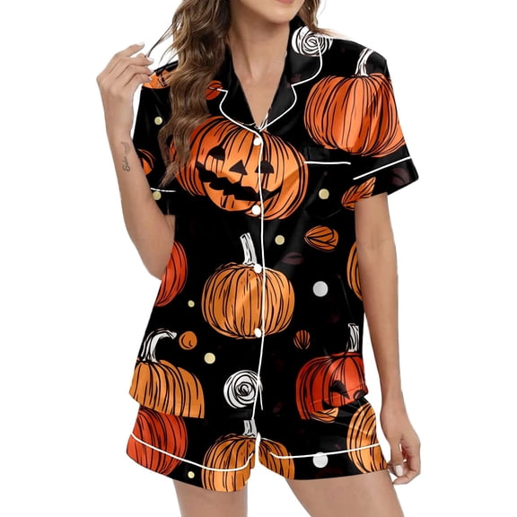 Womens Pajama Set Halloween Print Short Sleeve Top with Shorts Sleepwear Loungewear
