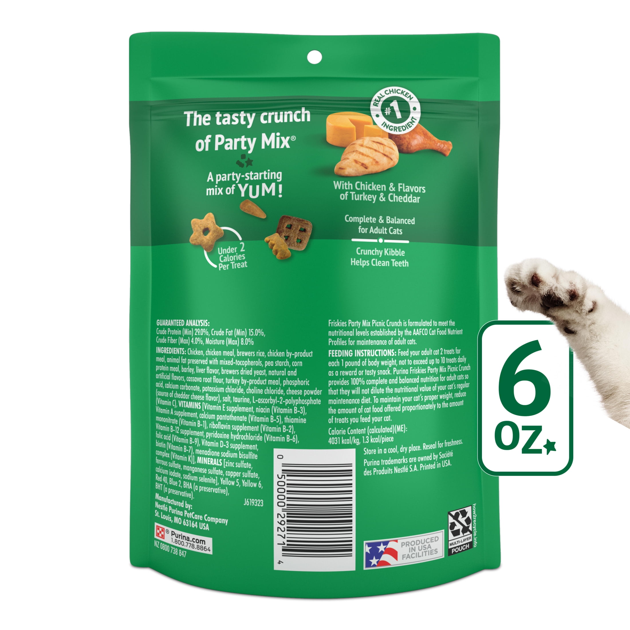 Purina Friskies Party Mix Picnic Crunch, Cat Treats, Chicken, Turkey, & Cheddar, (6) 6 oz Bags