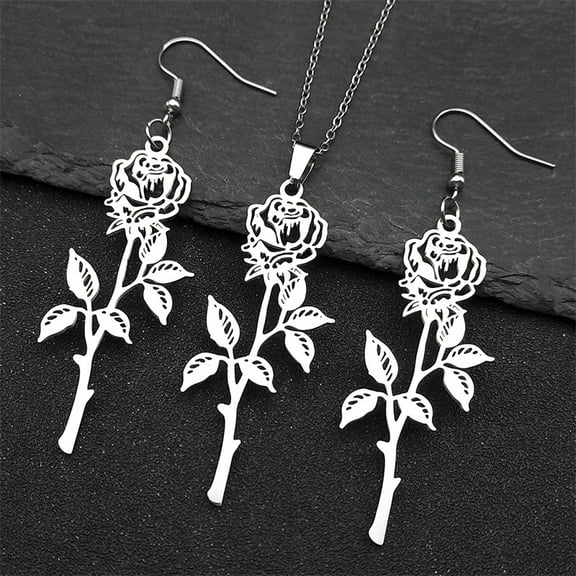 Hiphop Rose Pendant Necklace Earring Set For Women Men 14K White Gold Silver Black Color Charm Chain Jewelry Gifts