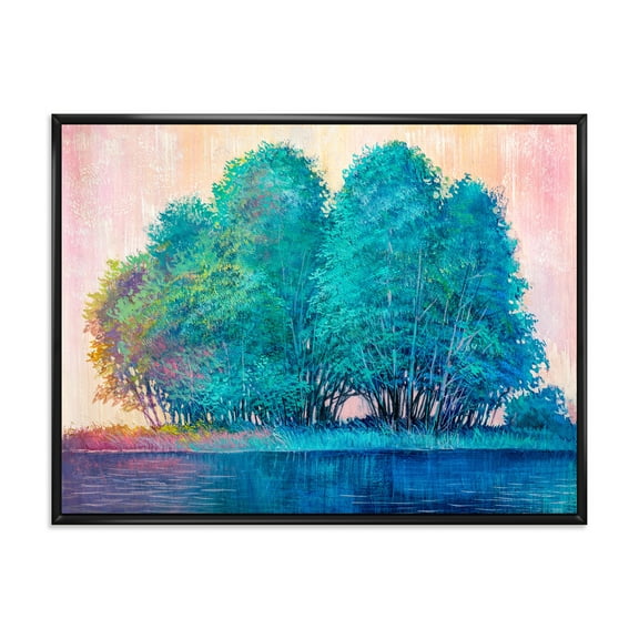 Designart 'Blue Coloured Tree Impression By Lakeside' Lake House Framed Canvas Wall Art Print