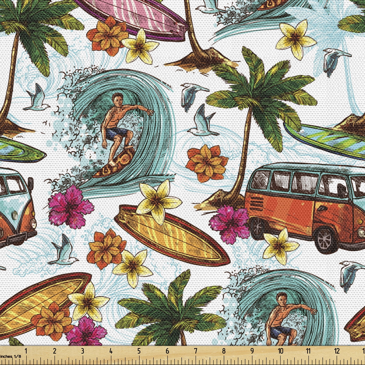 Brown And Green Cotton Fabric Retro Vehicle Fabrics Hippie Fabric By The Yard Vintage Worn Out Van Fabric Old Car On Field Linen