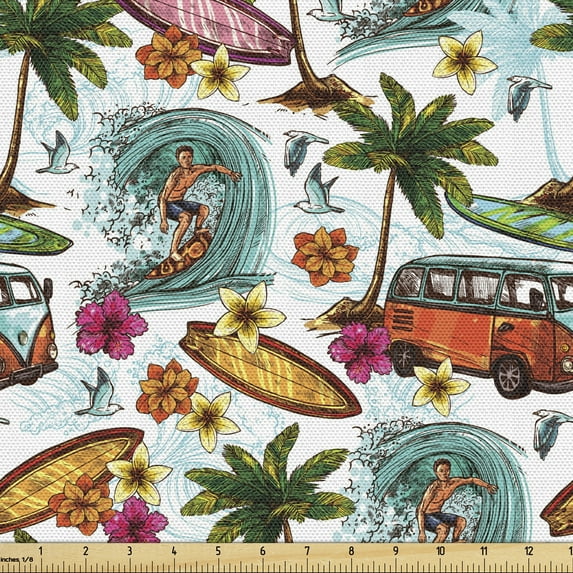 Ocean Fabric by the Yard Upholstery, Hawaiian Surfer on Wavy Deep Sea Retro Style Palm Trees Flowers Surf Boards Print, Decorative Fabric for DIY and Home Accents, 3 Yards, Multicolor by Ambesonne