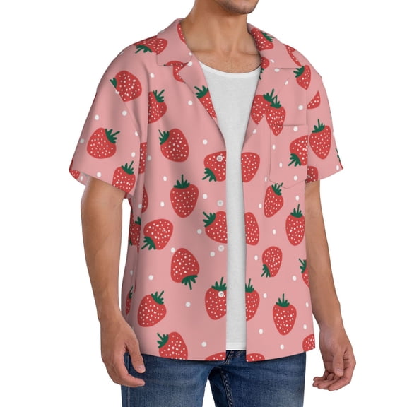 Picia Strawberries Men's Linen Shirts Short Sleeve Cuban Beach Shirts Casual Shirts Button Down Shirt for Men Beach Summer Wedding Shirt-Small