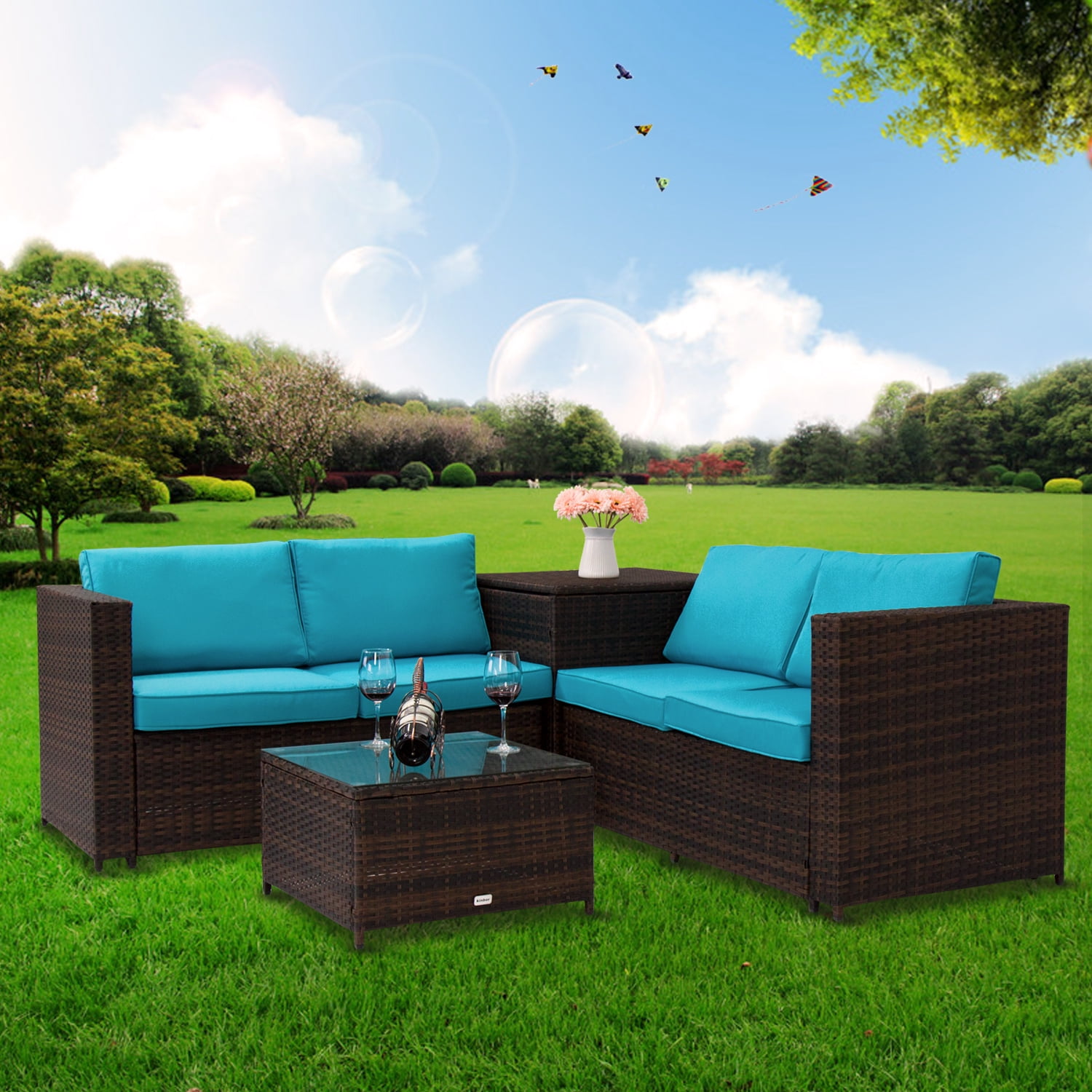 4PCS Outdoor Rattan Wicker Patio Sofas Blue Cushion Seat Set Furniture Lawn Storage Table by