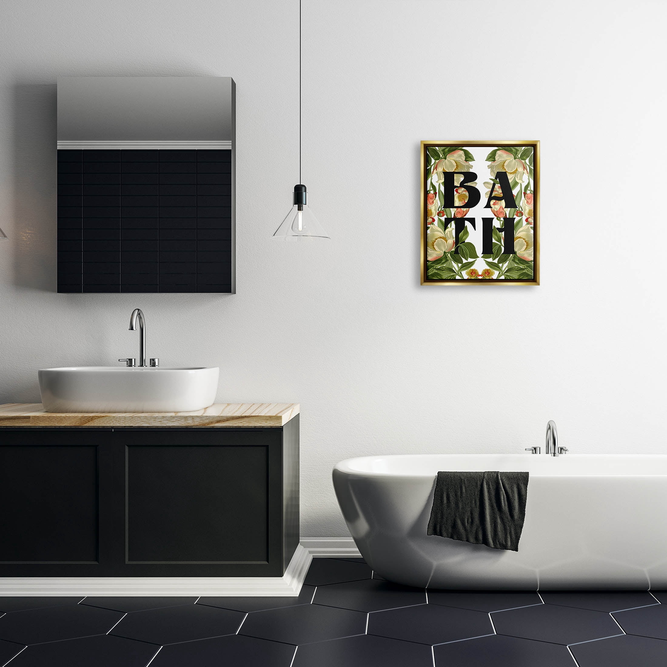 Vintage Bath Flower Blooms Botanical & Floral Graphic Art Metallic Gold Framed Art Print Wall Art