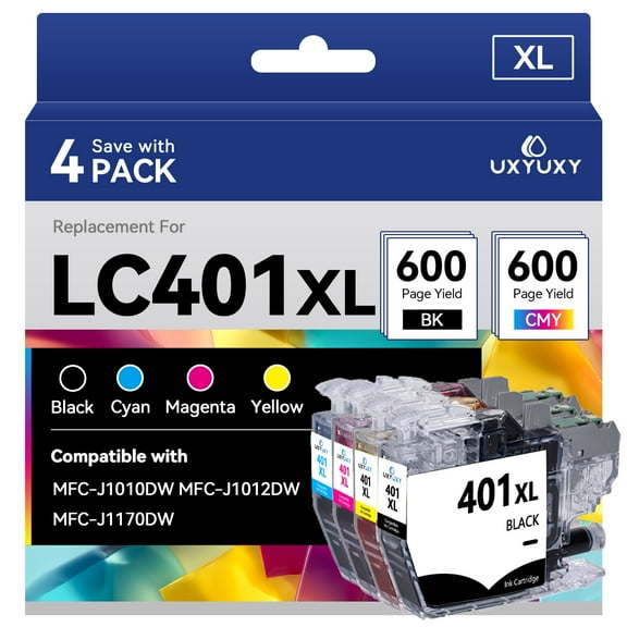 LC401XL Ink Cartridges for Brother LC401 LC401XL for Brother MFC-J1010DW MFC-J1012DW MFC-J1170DW Printer (Black, Cyan, Magenta, Yellow, 4 Pack)