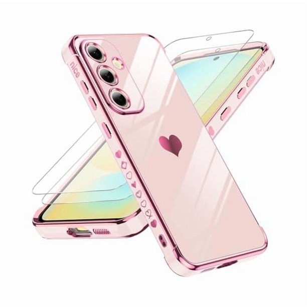 Chenchen for Galaxy S24-FE Case: Tempered Glass Screen Protector 2 Pcs,Full Camera Lens Protection, Love Heart Plating Luxury Shockproof Phone Case Funda para Samsung S24FE 5G, Pink