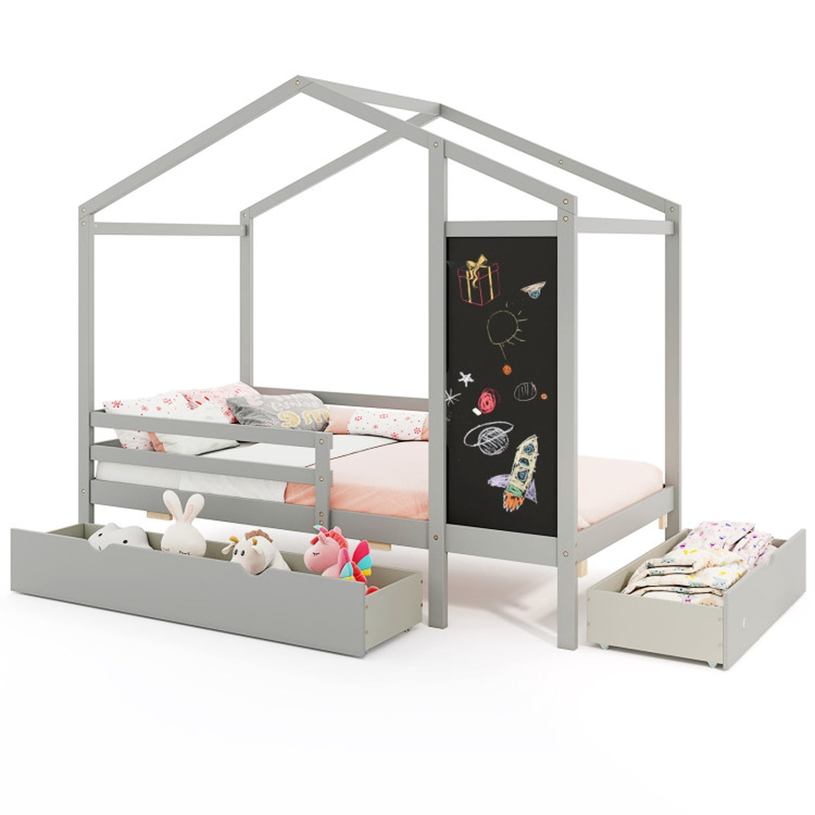 Furnibear Twin House Bed with Interactive Blackboard 2 Large Storage Drawers Rolling Casters Solid Pine Wood Frame and High Guardrails, Gray