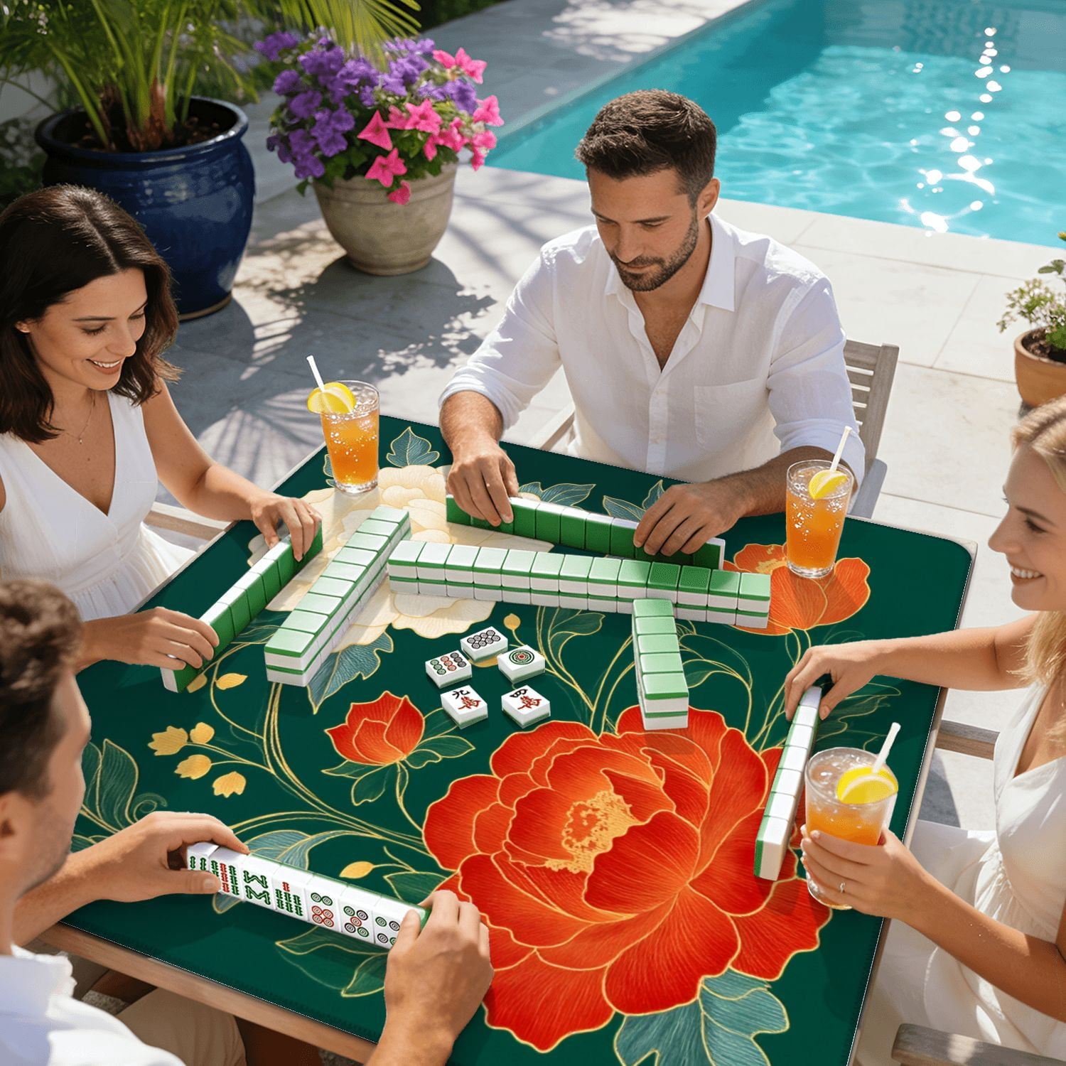 Mahjong Mat 31.5" x 31.5" Traditional oriental Chinese New year decoration Japan kimono Non-Slip Noise Reduction American Mahjong Tiles Table Cover for Dominoes Poker Card Board Games Gift