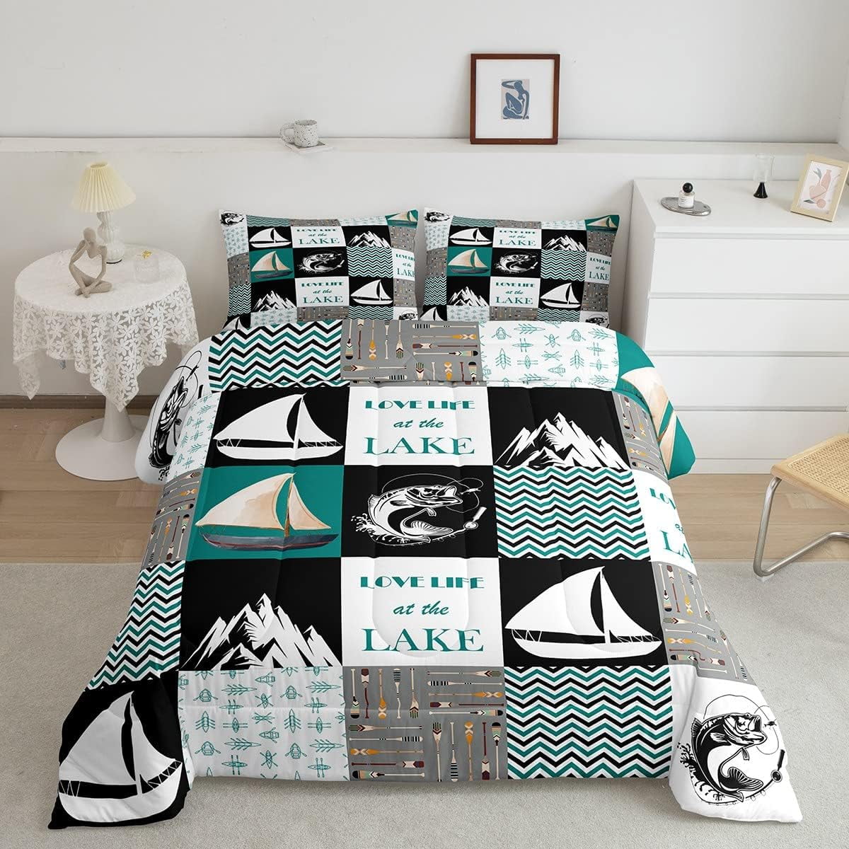 Love Lake Life Comforter Set, Lake House Bedding Set Full Size, Retro Sailboat Rustic Down