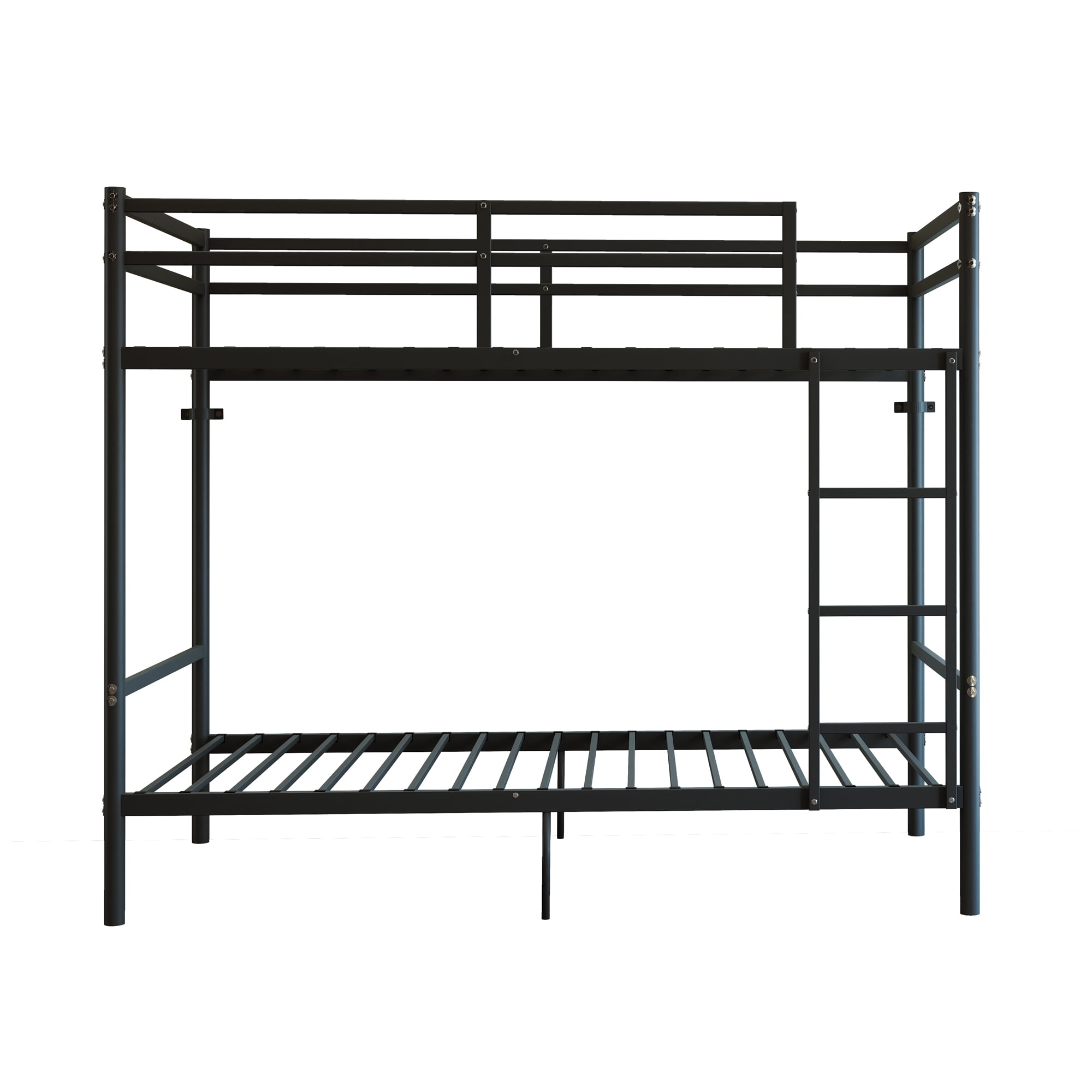 Metal bunk bed, suitable for children/teenagers/adults, with 14.29-inch high safety rails, 19 crossbars on each bunk, single-bunker support of 400 lbs or more, and storage space under the bed. Black