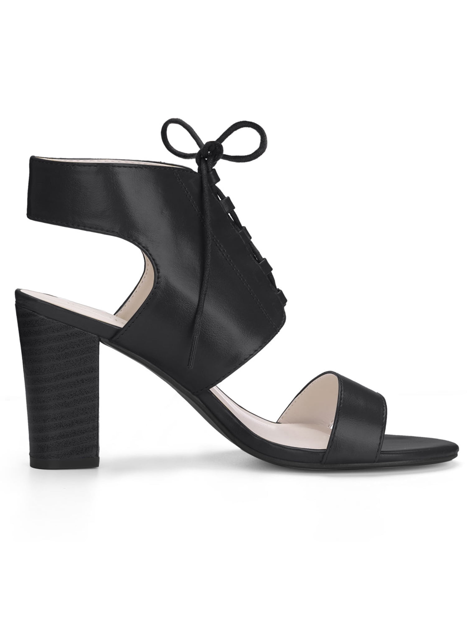 Unique Bargain Women's Stacked High Heel Slingback Open Toe Lace Up Sandals Black (Size 7.5