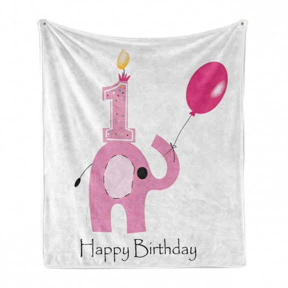 1st Birthday Soft Flannel Fleece Throw Blanket, Minimalist Design with and Baby Girl Party Theme, Cozy Plush for Indoor and Outdoor Use, 70" x 90", Pale Pink White, by Ambesonne