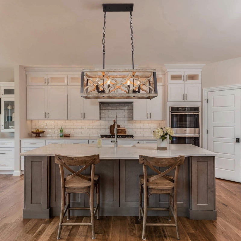 LNC 8-Light Distressed Wood and Bronze Linear LED Farmhouse Chandelier