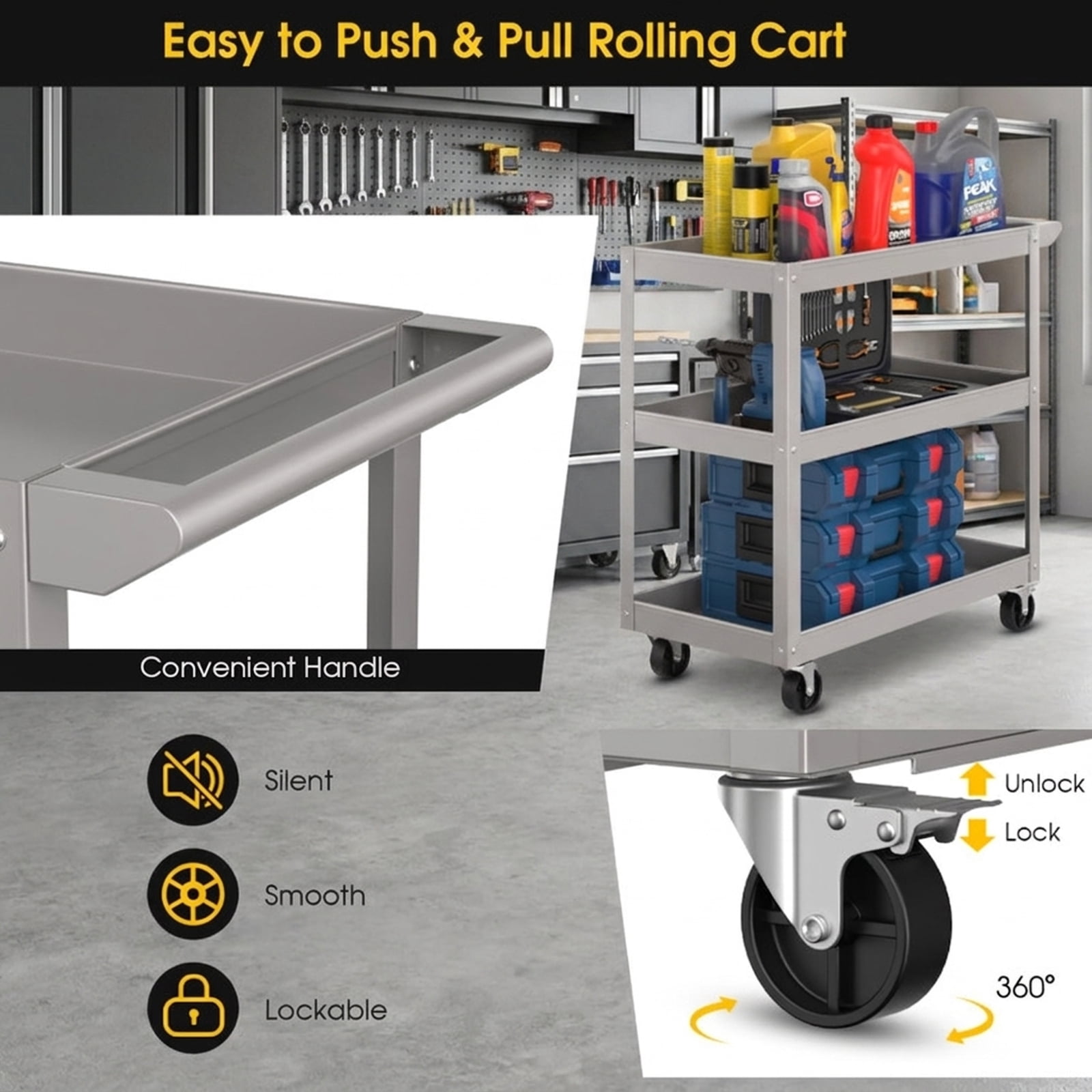 Biotree 3-Tier Metal Utility Cart Tool Trolley Flat Handle 2 Lockable Wheels 400 lbs - Gray