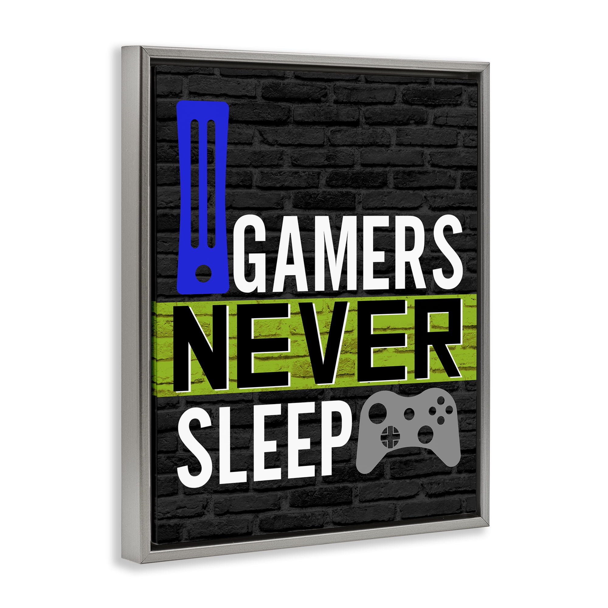 Stupell Industries Gamers Never Sleep Typography Painting Gray Floater Framed Art Print Wall Art, 17 x 21