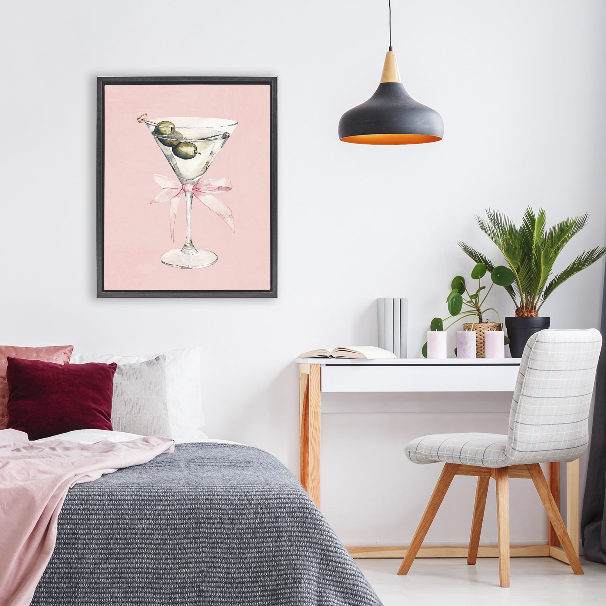 Stupell Industries Martini with Pink Bow Black Framed Floater Canvas Wall Art, design by Kim Allen